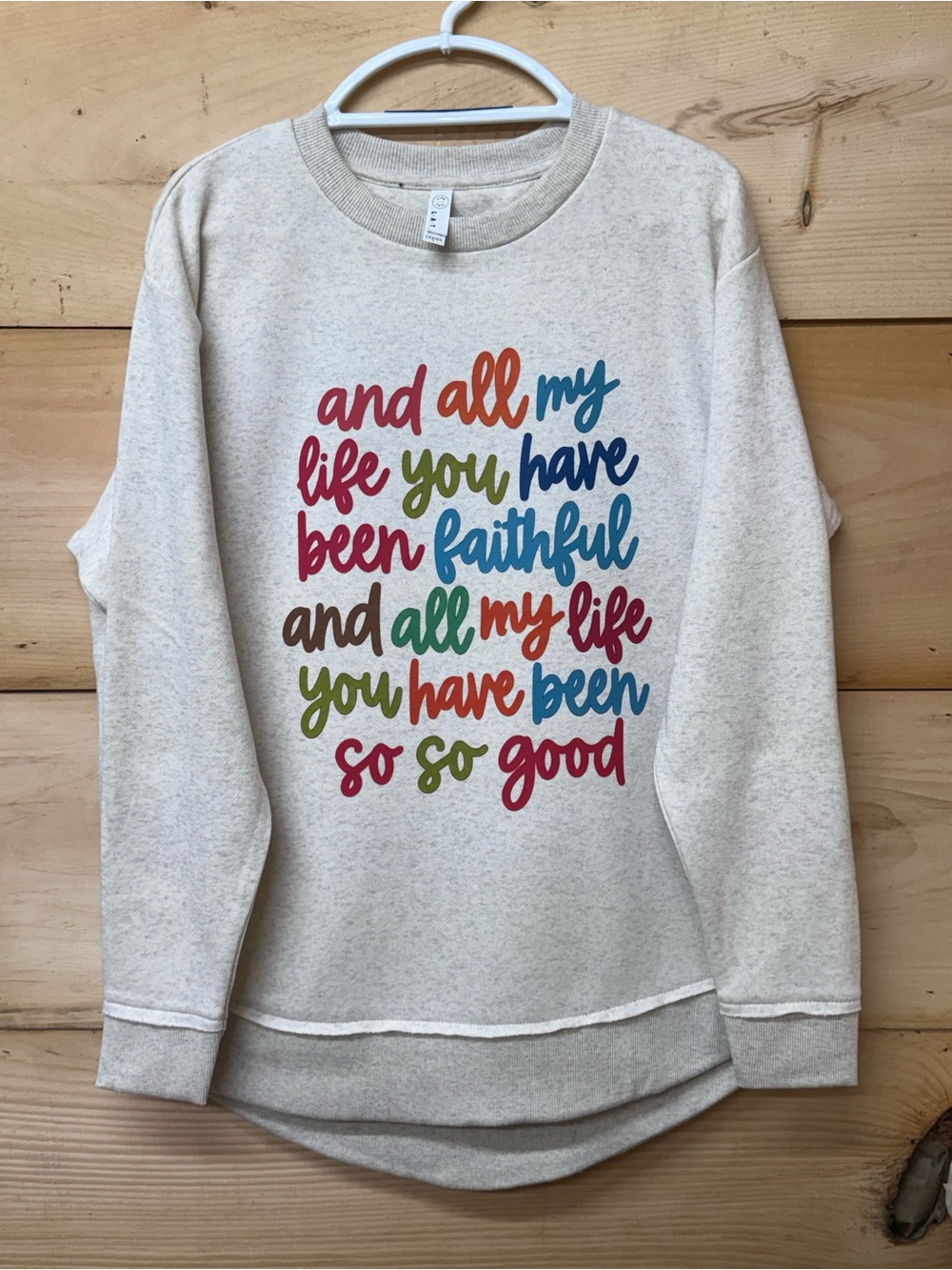 Women's Cream Graphic Crewneck Sweatshirt with Multi-Color Script